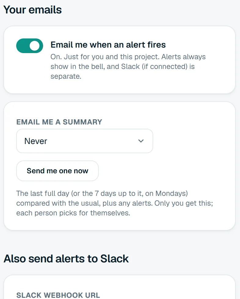 The alert settings: “Email me when an alert fires” switched on, a summary email picker, and a Slack webhook field.