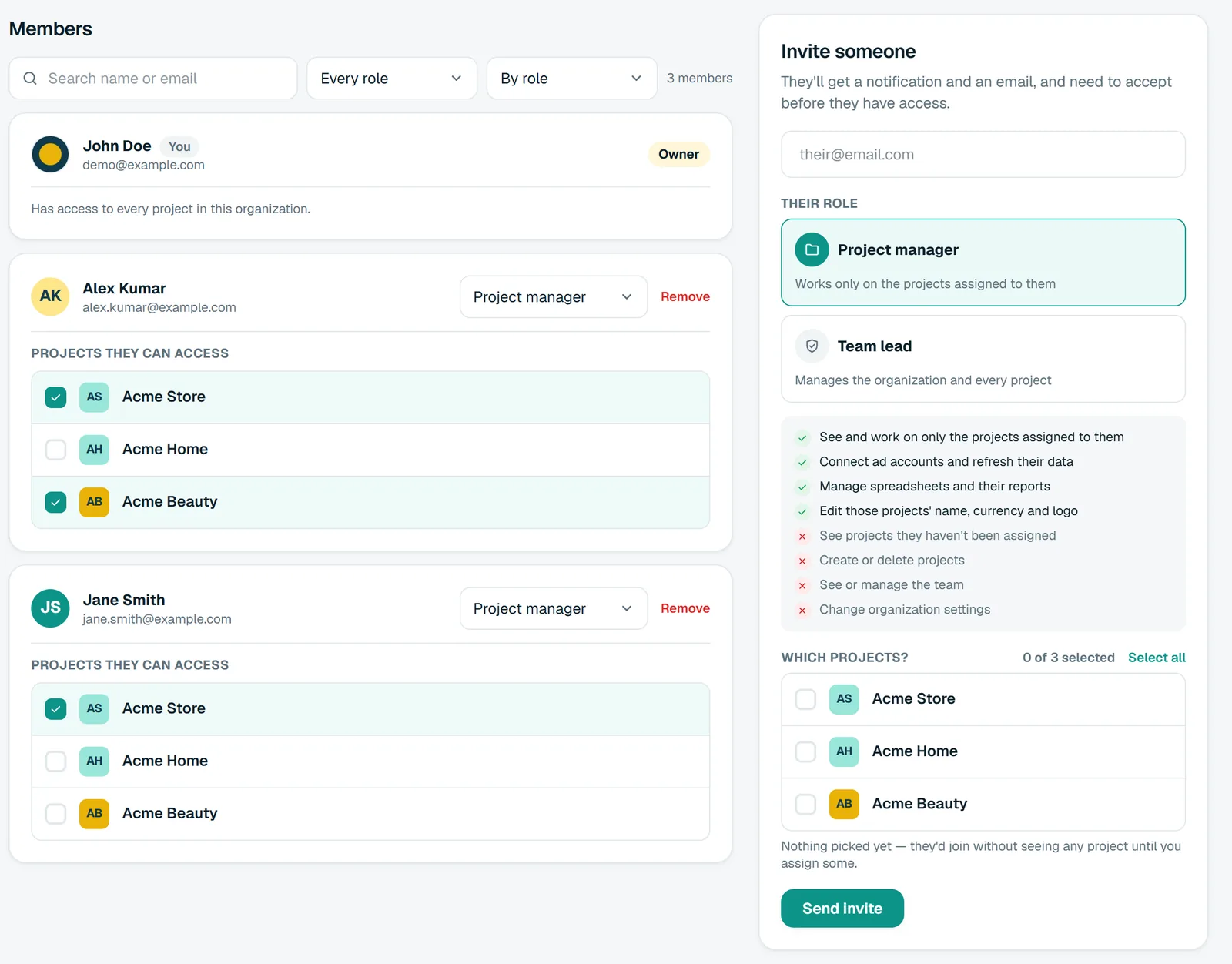 A sample agency's Team page: the owner, two project managers with the brands each can access ticked, and an Invite someone form with the project manager role picked.