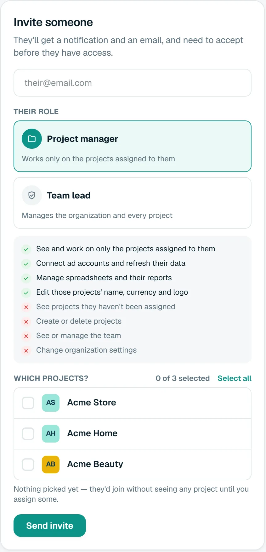 The Invite someone form: an email box, the project manager and team lead roles, what a project manager can and can't do, and which projects to give them.